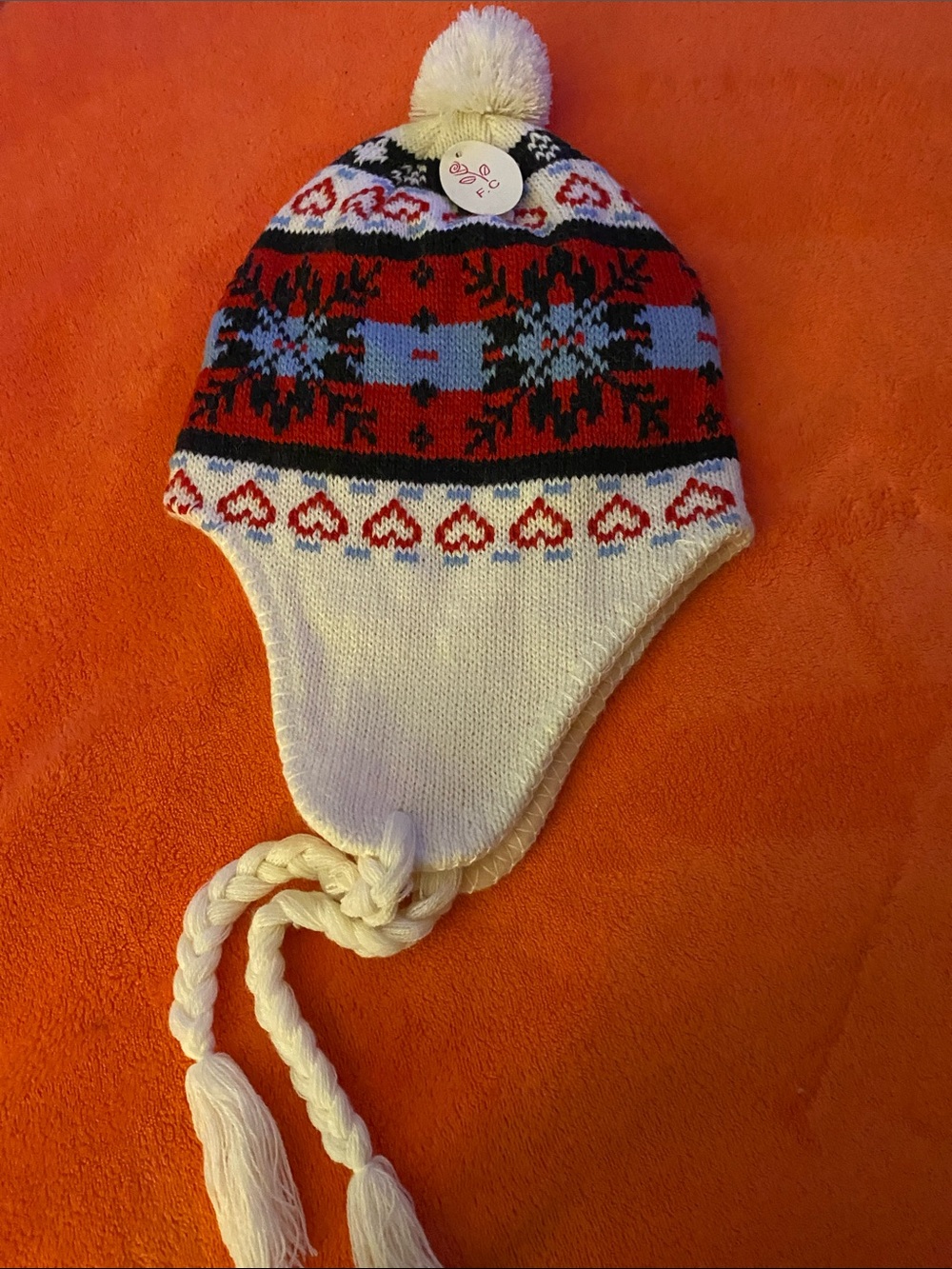 Kids White & Red Knit Earflap Pom Pom Hat - Cozy Winter Beanie